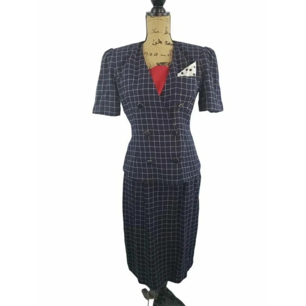 Kasper ASL Women wear Skirt Suit Blue Windowpane Lined Shoulder‎ -Padded 8/9 S54